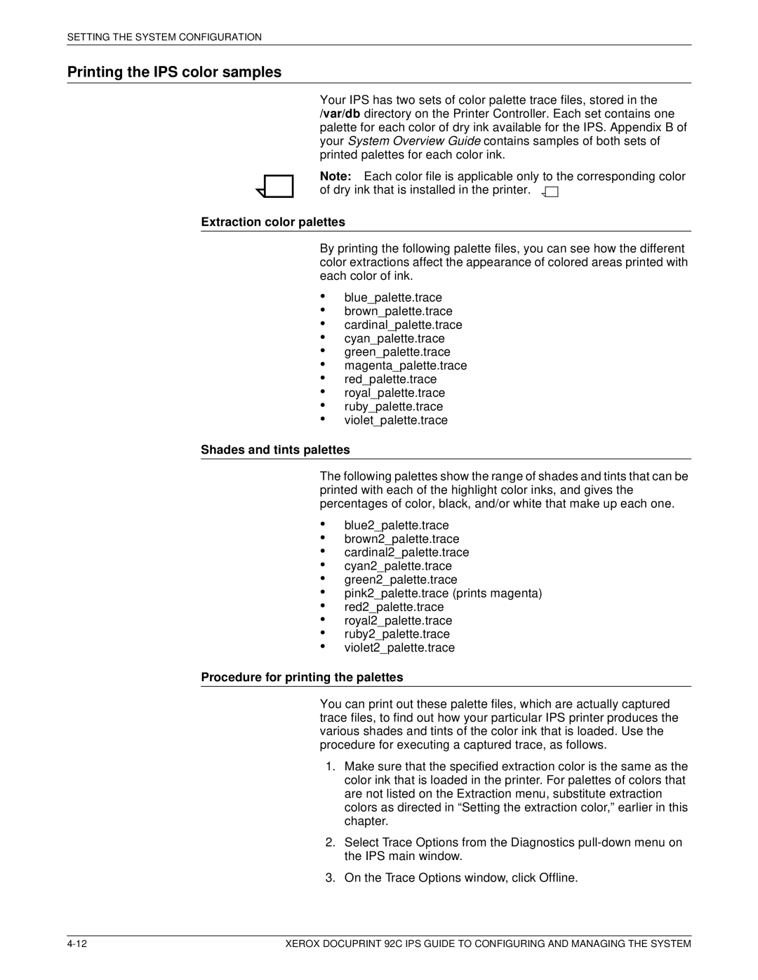 Xerox 92C IPS manual Printing the IPS color samples, Extraction color palettes, Shades and tints palettes 