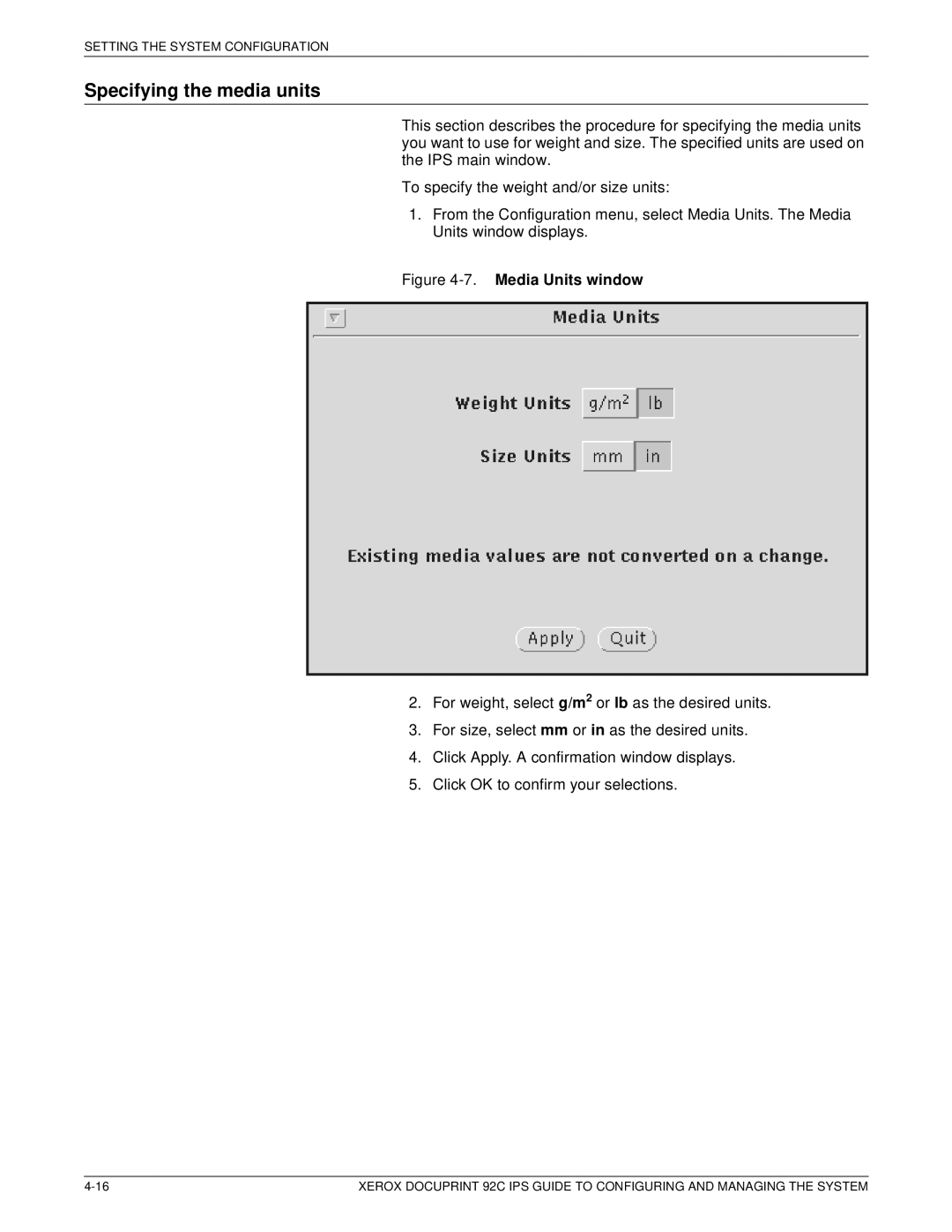 Xerox 92C IPS manual Specifying the media units, Media Units window 