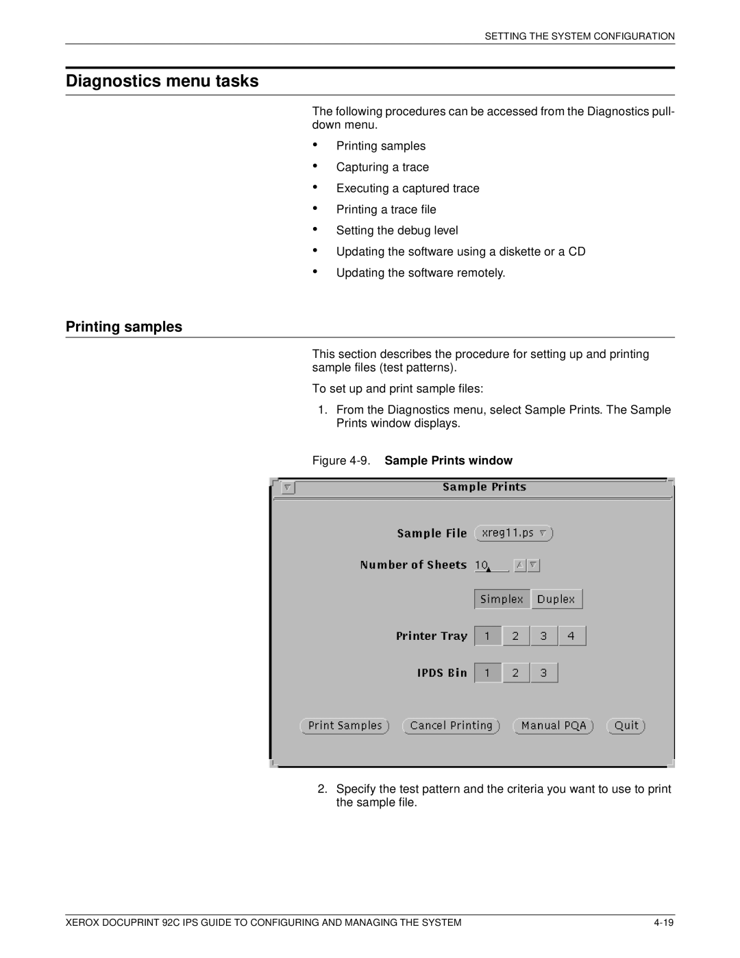 Xerox 92C IPS manual Diagnostics menu tasks, Printing samples 