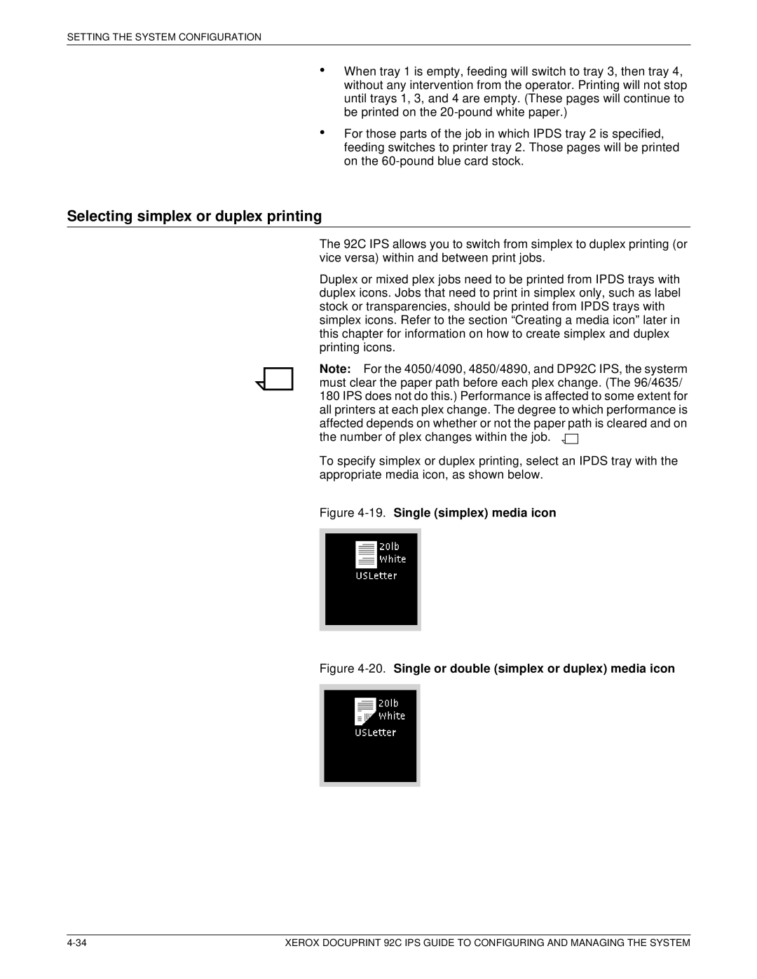 Xerox 92C IPS manual Selecting simplex or duplex printing, Single simplex media icon 