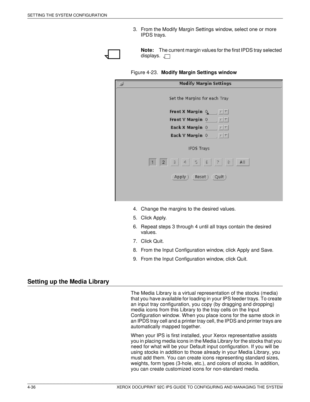 Xerox 92C IPS manual Setting up the Media Library, Modify Margin Settings window 