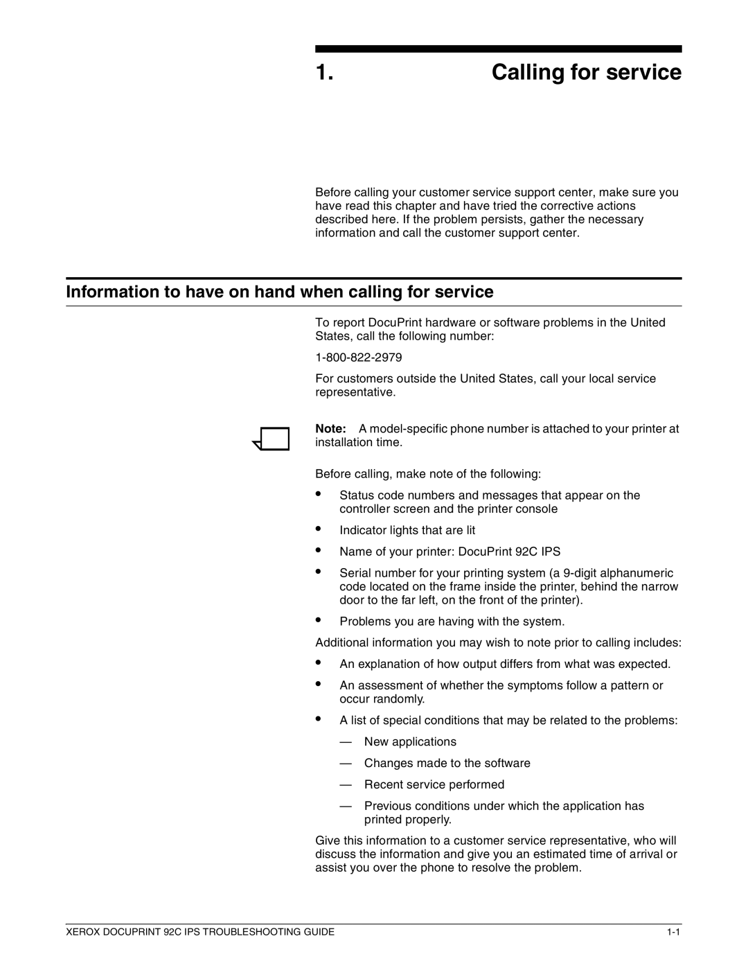 Xerox 92C IPS manual Calling for service, Information to have on hand when calling for service 