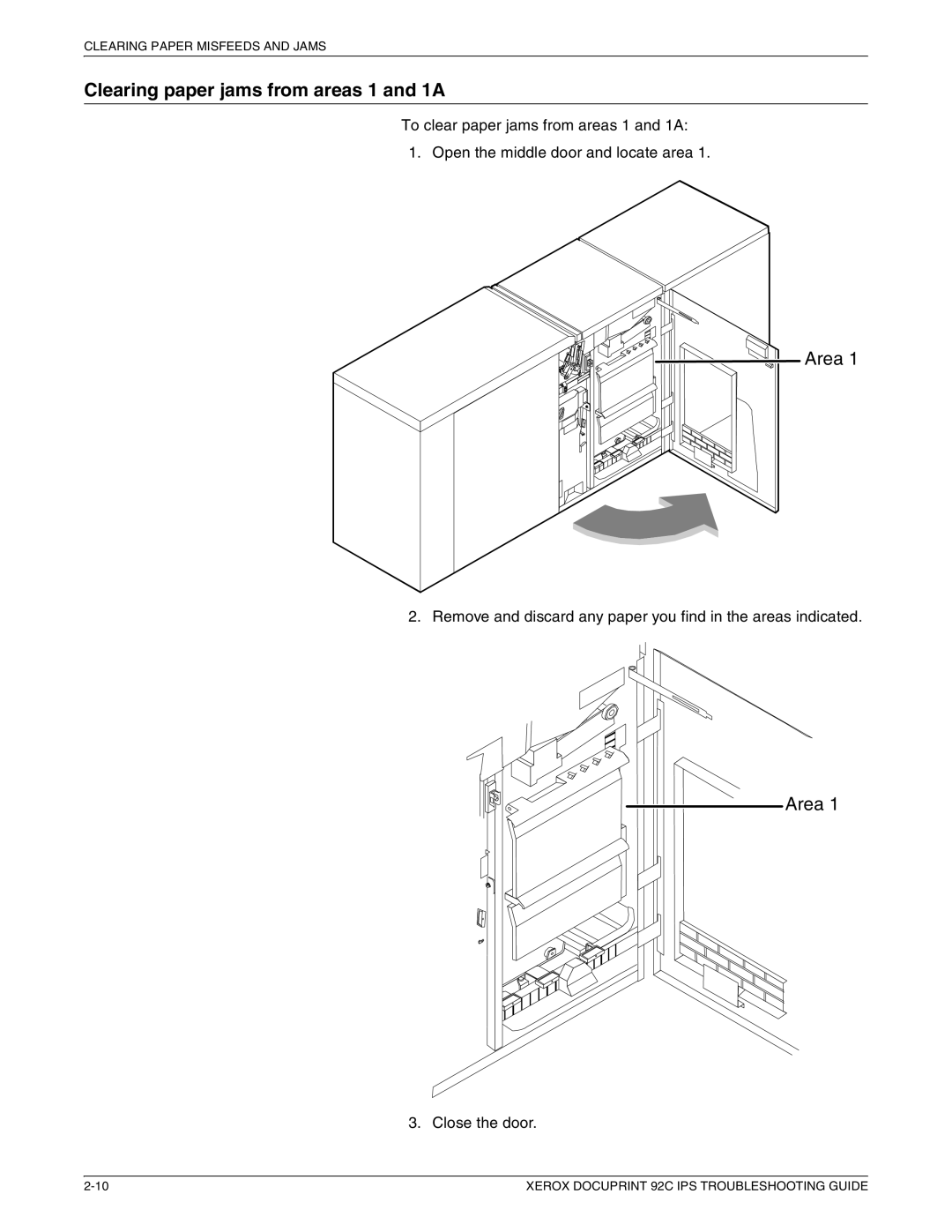 Xerox 92C IPS manual Clearing paper jams from areas 1 and 1A, Area 