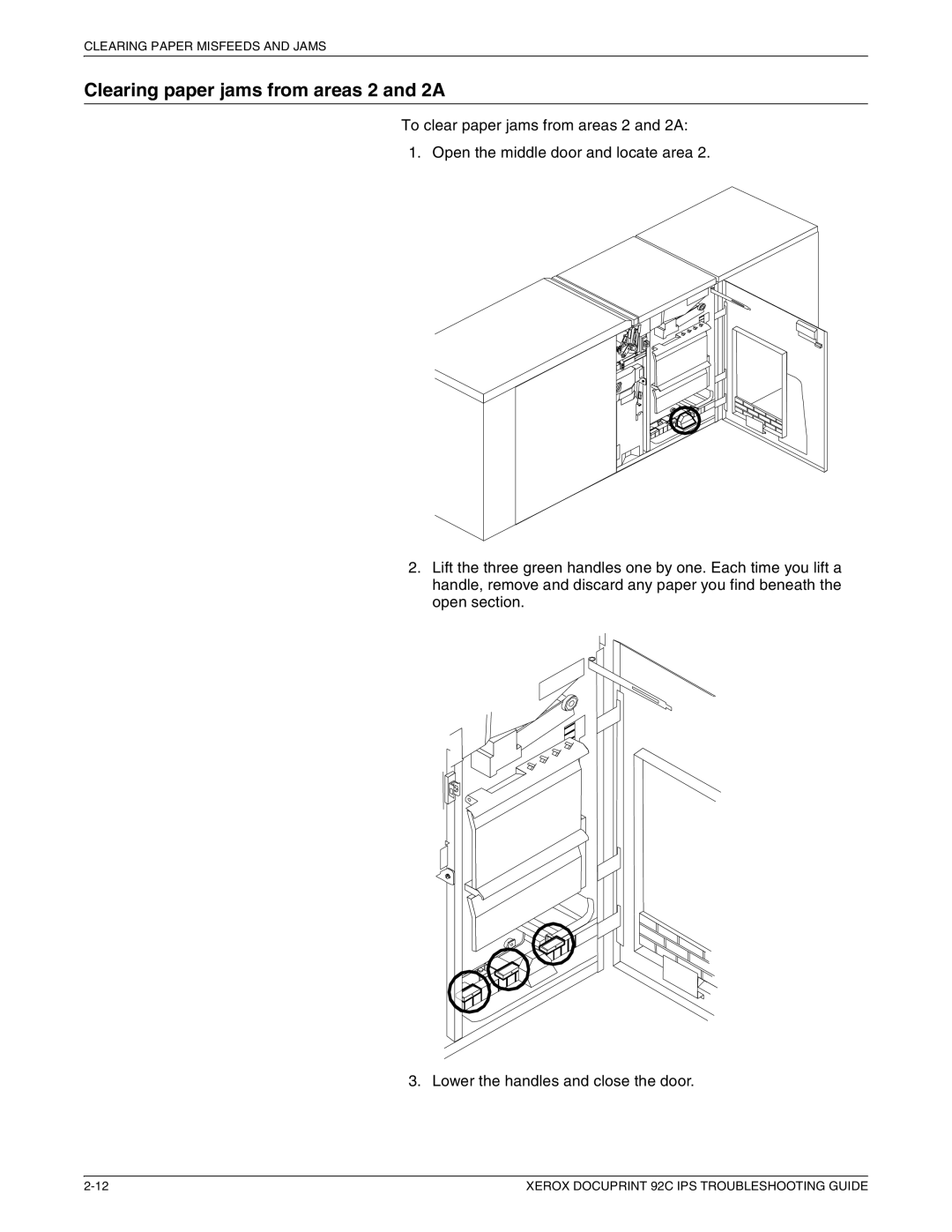 Xerox 92C IPS manual Clearing paper jams from areas 2 and 2A 