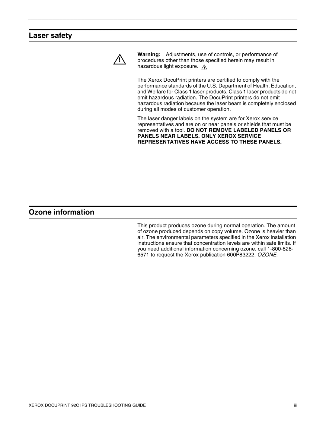 Xerox 92C IPS manual Laser safety, Ozone information 