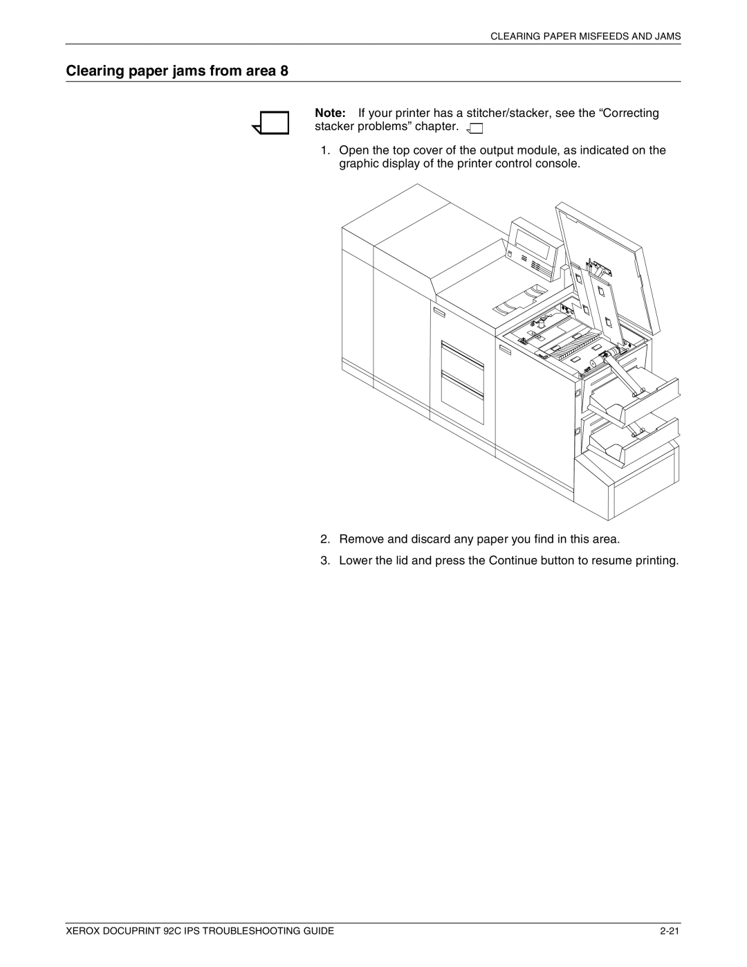 Xerox 92C IPS manual Clearing paper jams from area 