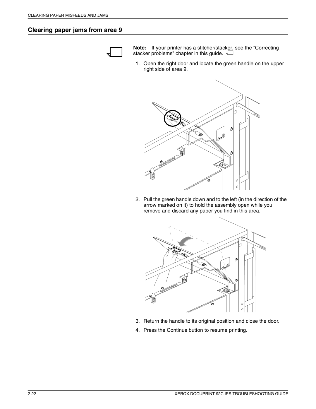 Xerox 92C IPS manual Clearing paper jams from area 