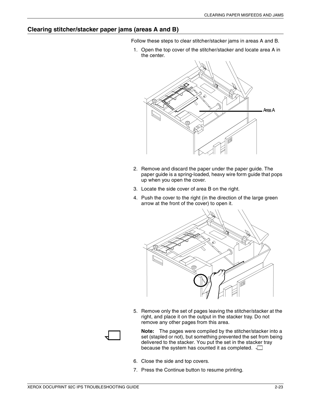 Xerox 92C IPS manual Clearing stitcher/stacker paper jams areas a and B 