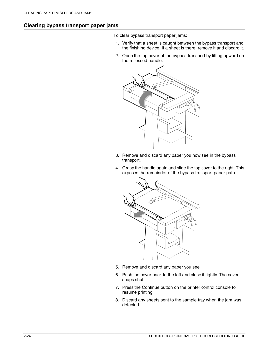 Xerox 92C IPS manual Clearing bypass transport paper jams 