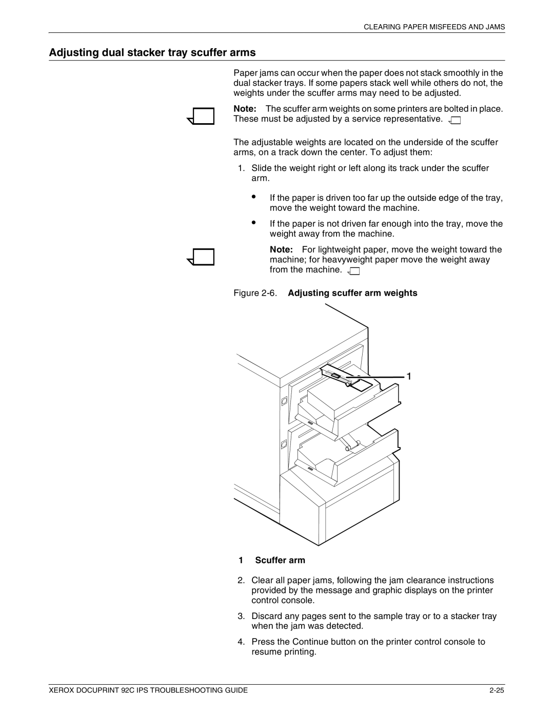 Xerox 92C IPS manual Adjusting dual stacker tray scuffer arms, Adjusting scuffer arm weights Scuffer arm 