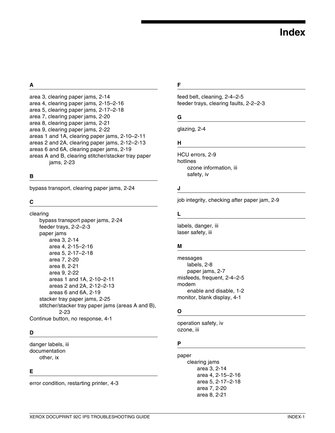 Xerox 92C IPS manual Index 