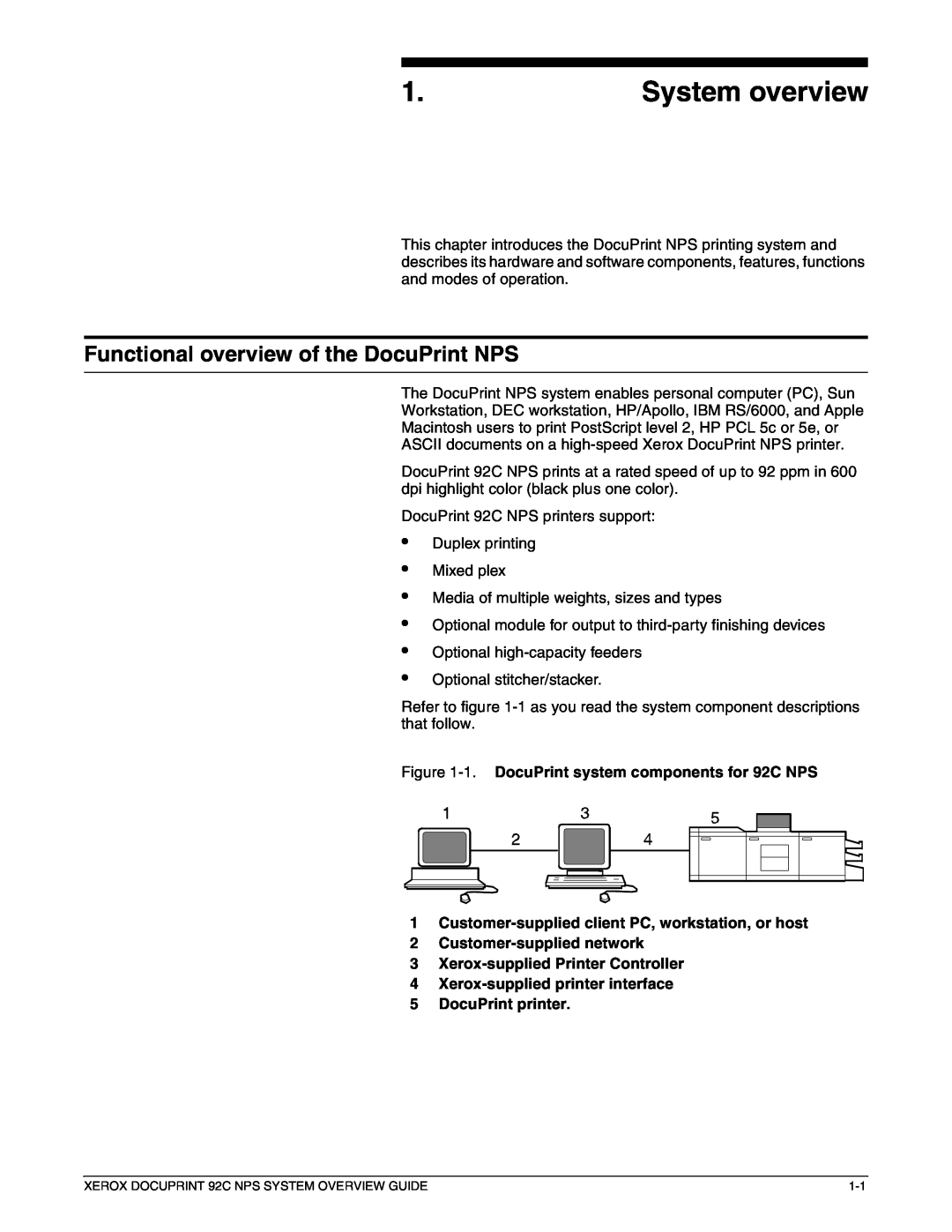 Xerox manual System overview, Functional overview of the DocuPrint NPS, 1. DocuPrint system components for 92C NPS 