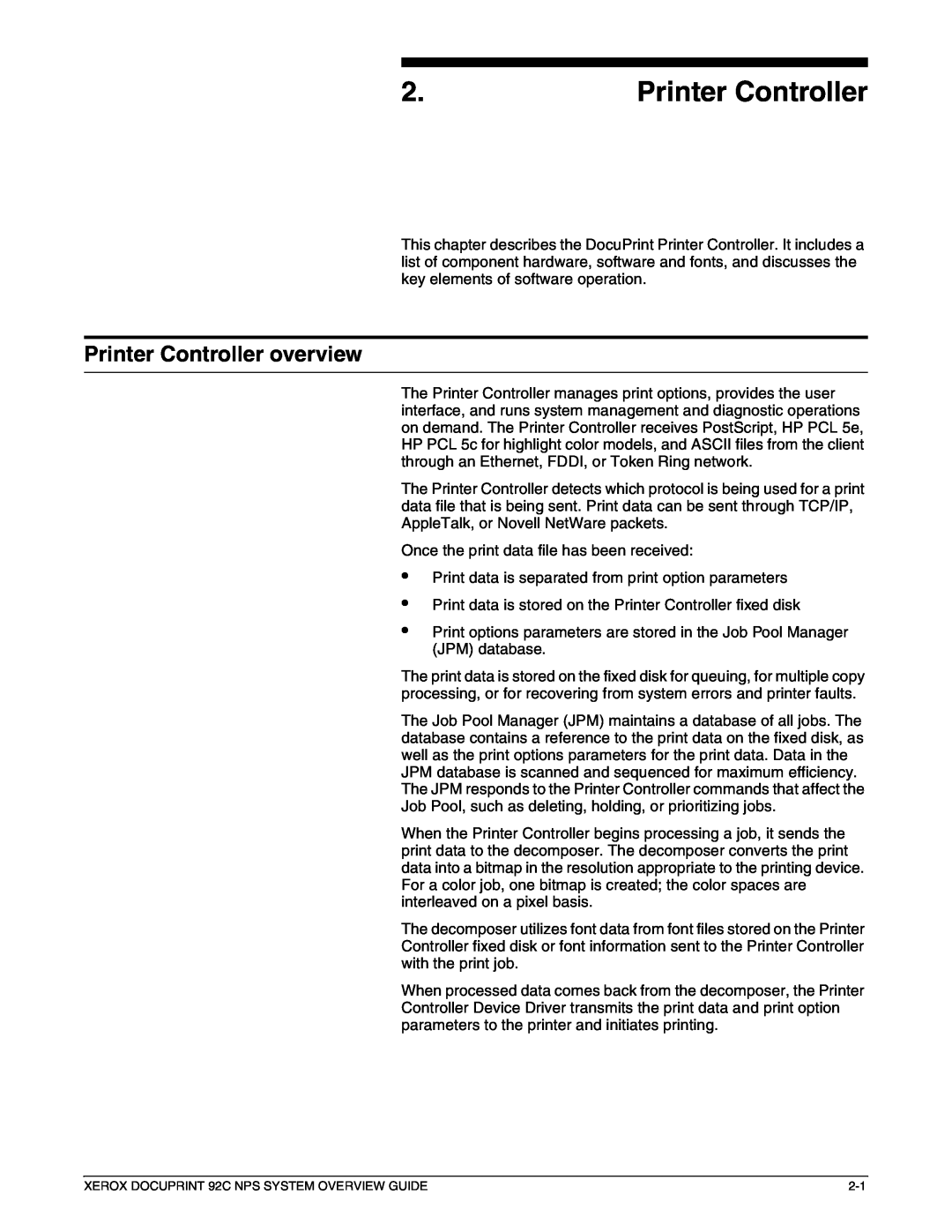 Xerox 92C NPS manual Printer Controller overview 