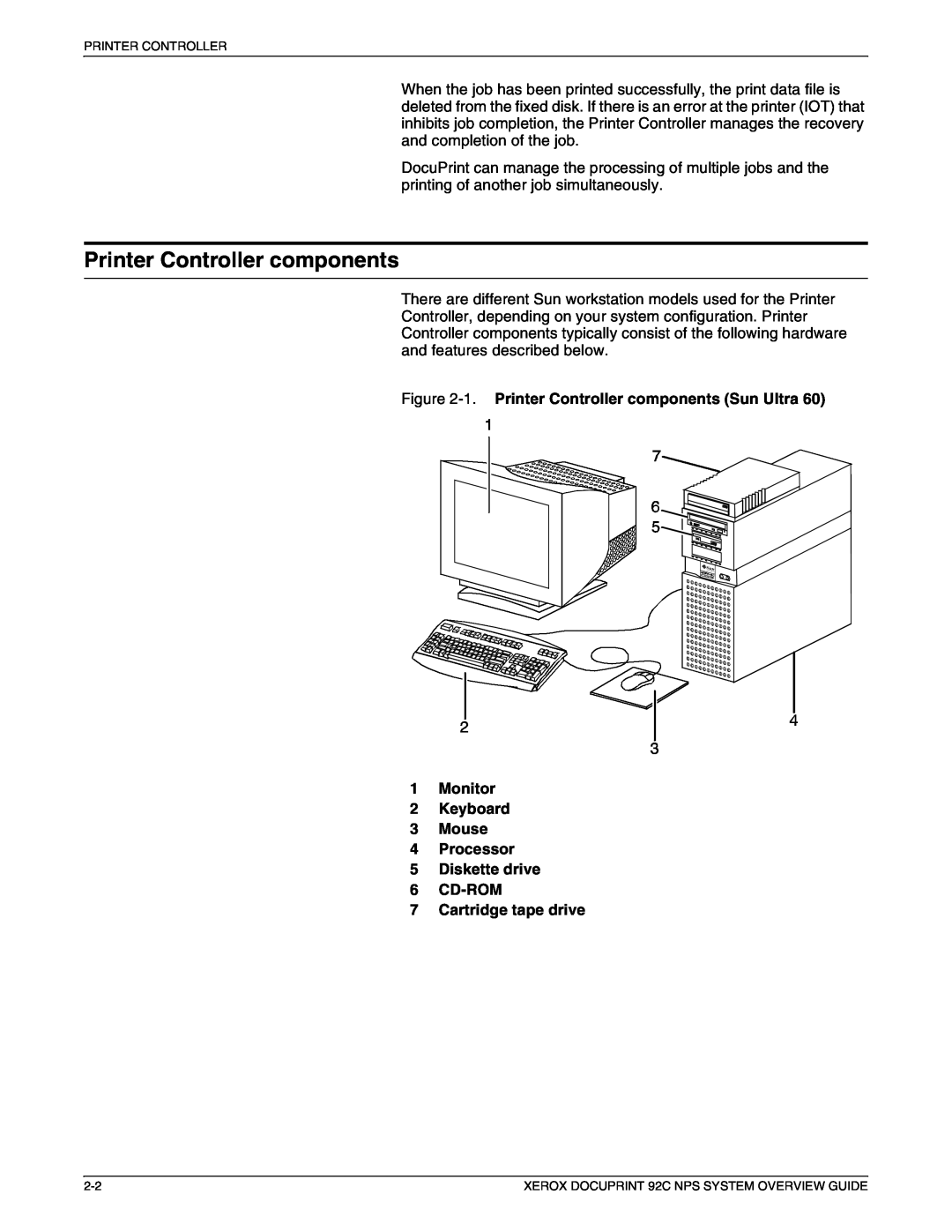 Xerox 92C NPS manual 1. Printer Controller components Sun Ultra 1 Monitor, Cartridge tape drive 