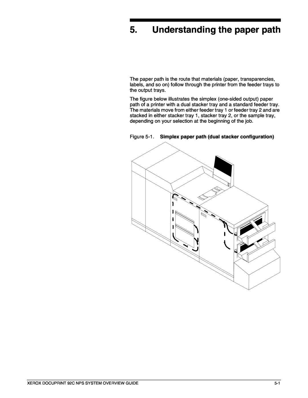 Xerox 92C NPS manual Understanding the paper path, 1. Simplex paper path dual stacker configuration 