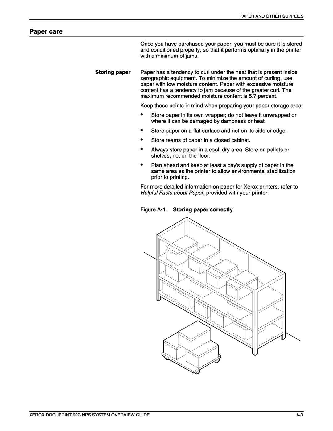 Xerox 92C NPS manual Paper care, Figure A-1. Storing paper correctly 
