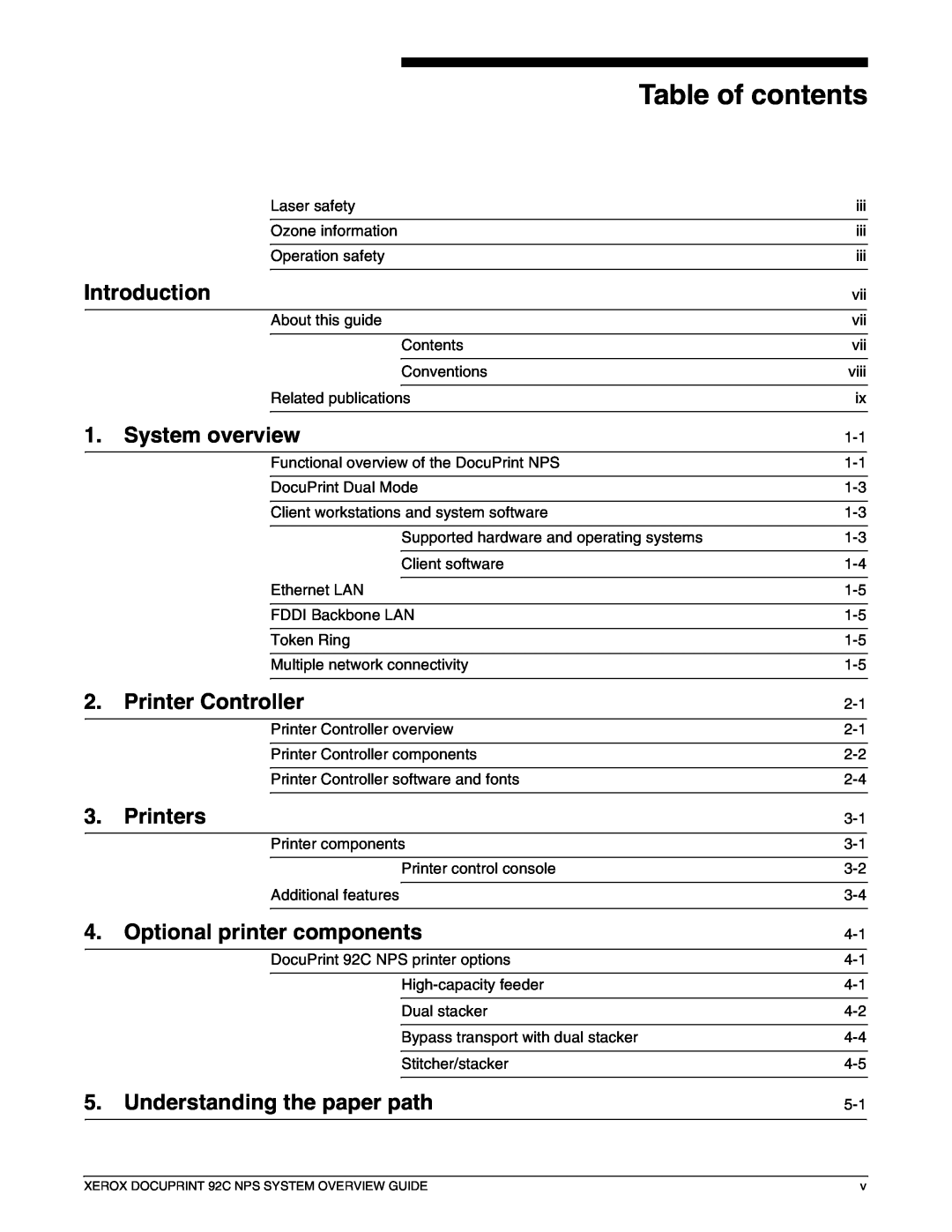 Xerox 92C NPS Table of contents, Introduction, System overview, Printer Controller, Printers, Optional printer components 