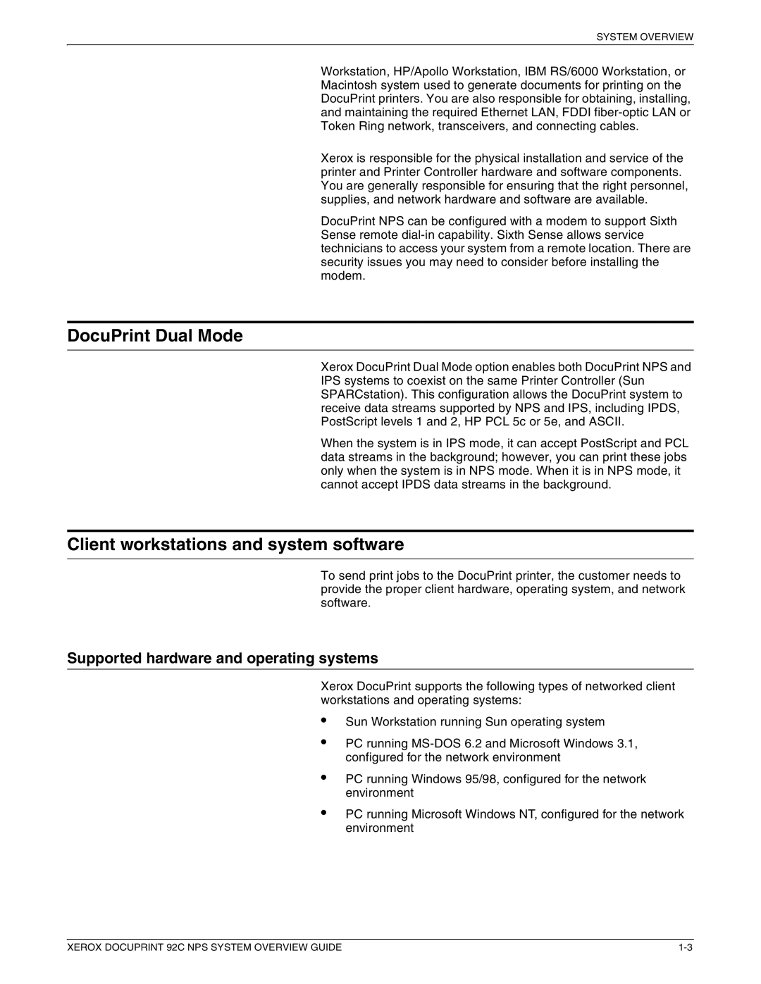 Xerox 92C NPS manual DocuPrint Dual Mode, Client workstations and system software, Supported hardware and operating systems 