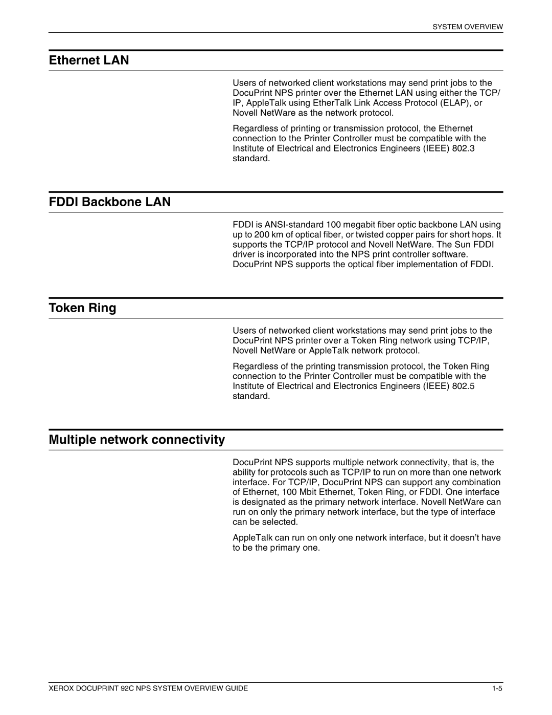 Xerox 92C NPS manual Ethernet LAN, Fddi Backbone LAN, Token Ring, Multiple network connectivity 