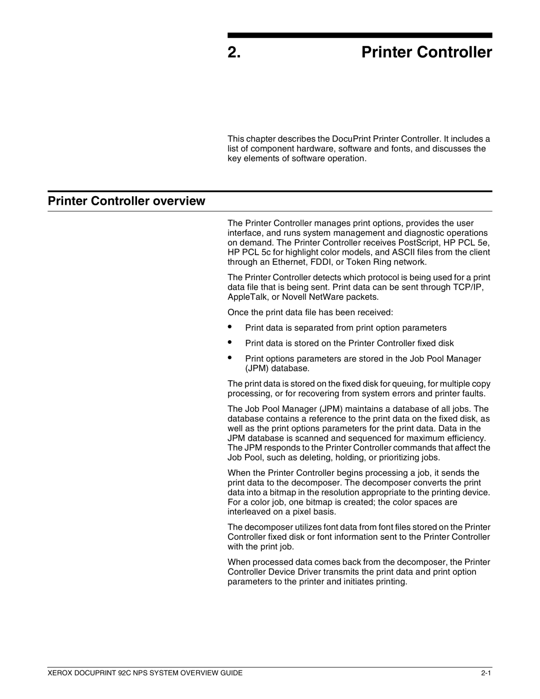 Xerox 92C NPS manual Printer Controller overview 