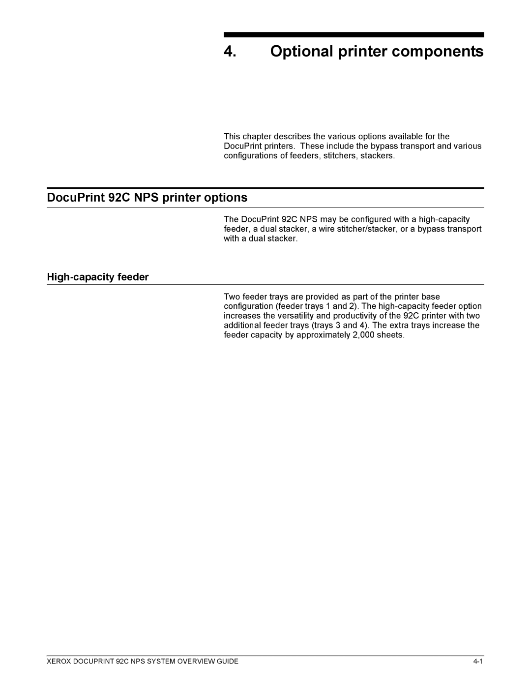 Xerox 92C NPS manual 2SWLRQDOSULQWHUFRPSRQHQWV 