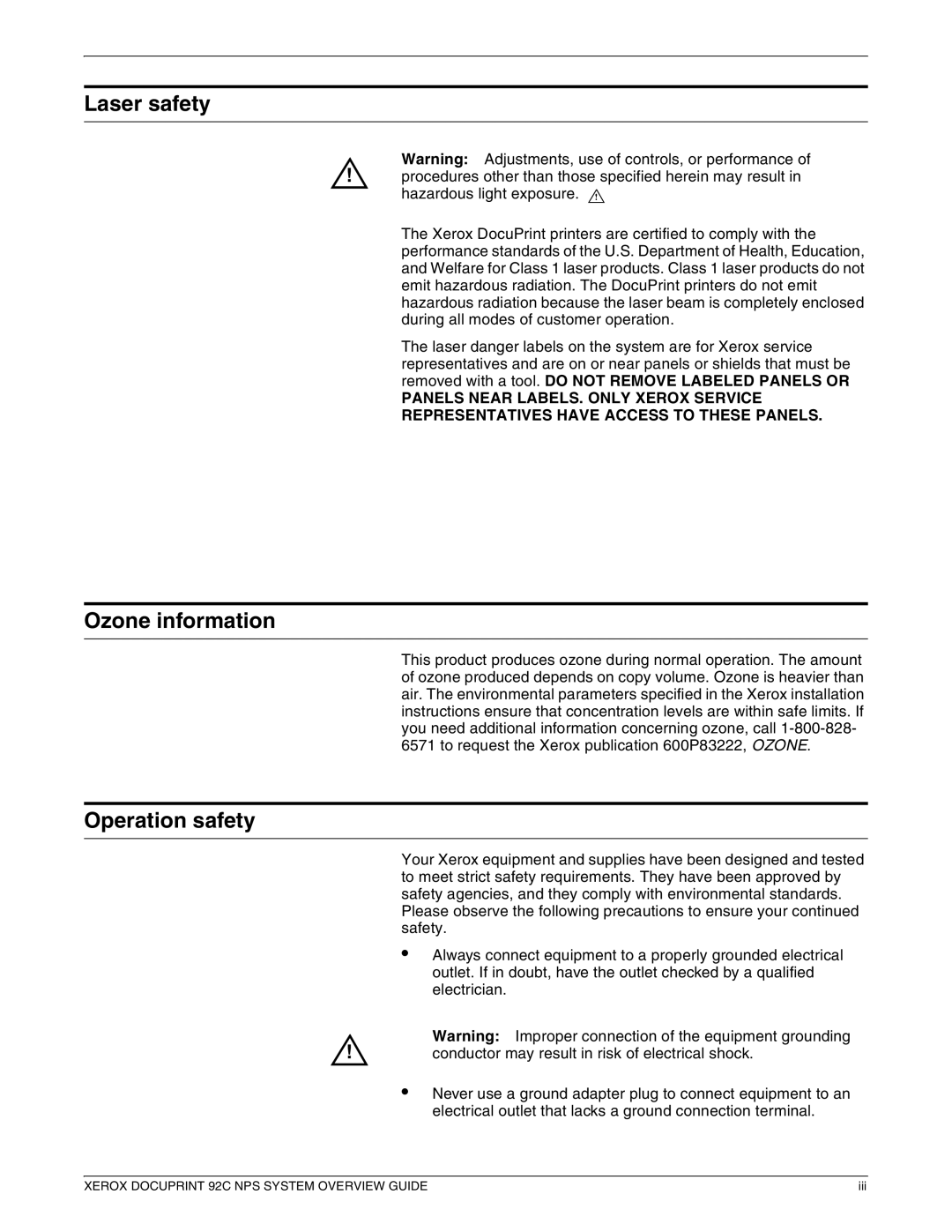 Xerox 92C NPS manual Laser safety, Ozone information, Operation safety 