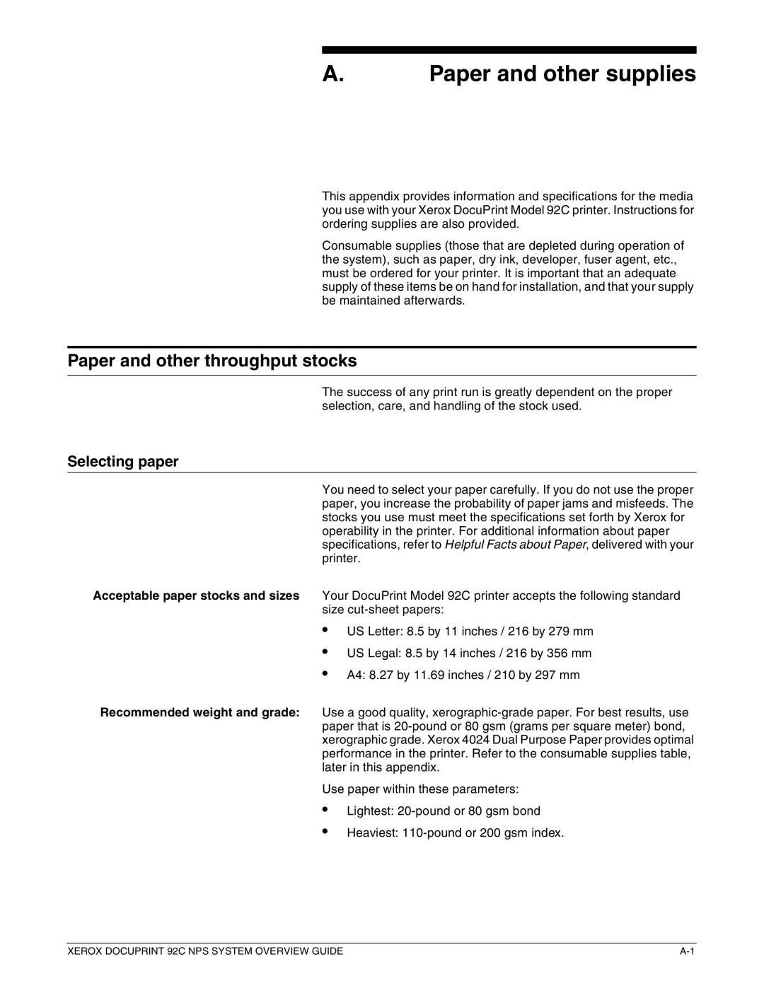 Xerox 92C NPS manual Paper and other supplies, Paper and other throughput stocks, Selecting paper 