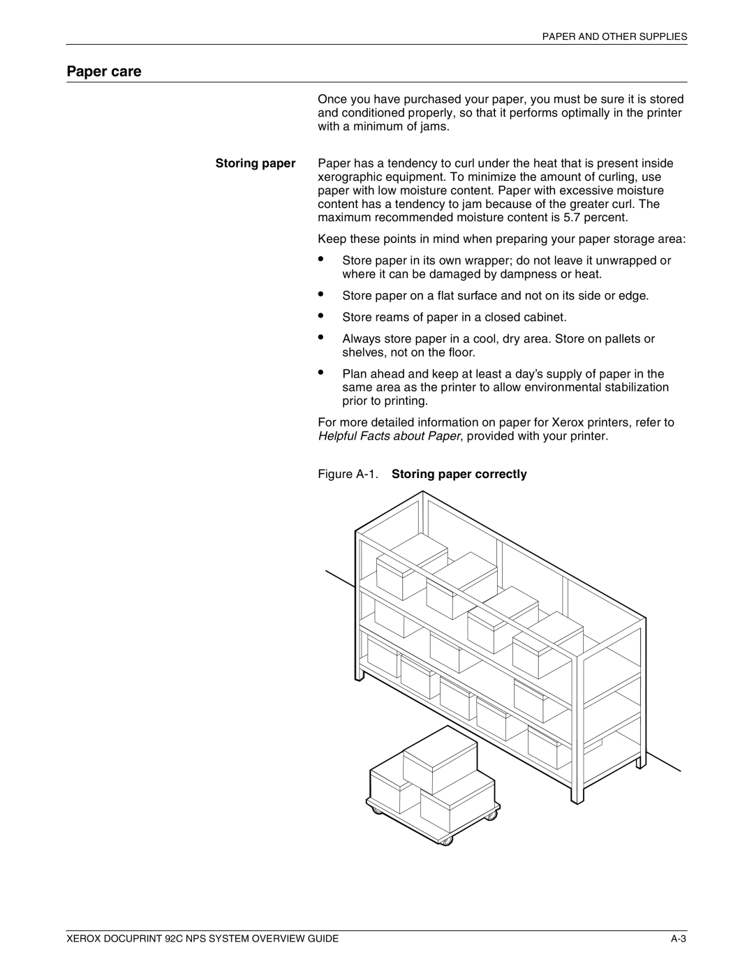 Xerox 92C NPS manual Paper care, Figure A-1.Storing paper correctly 