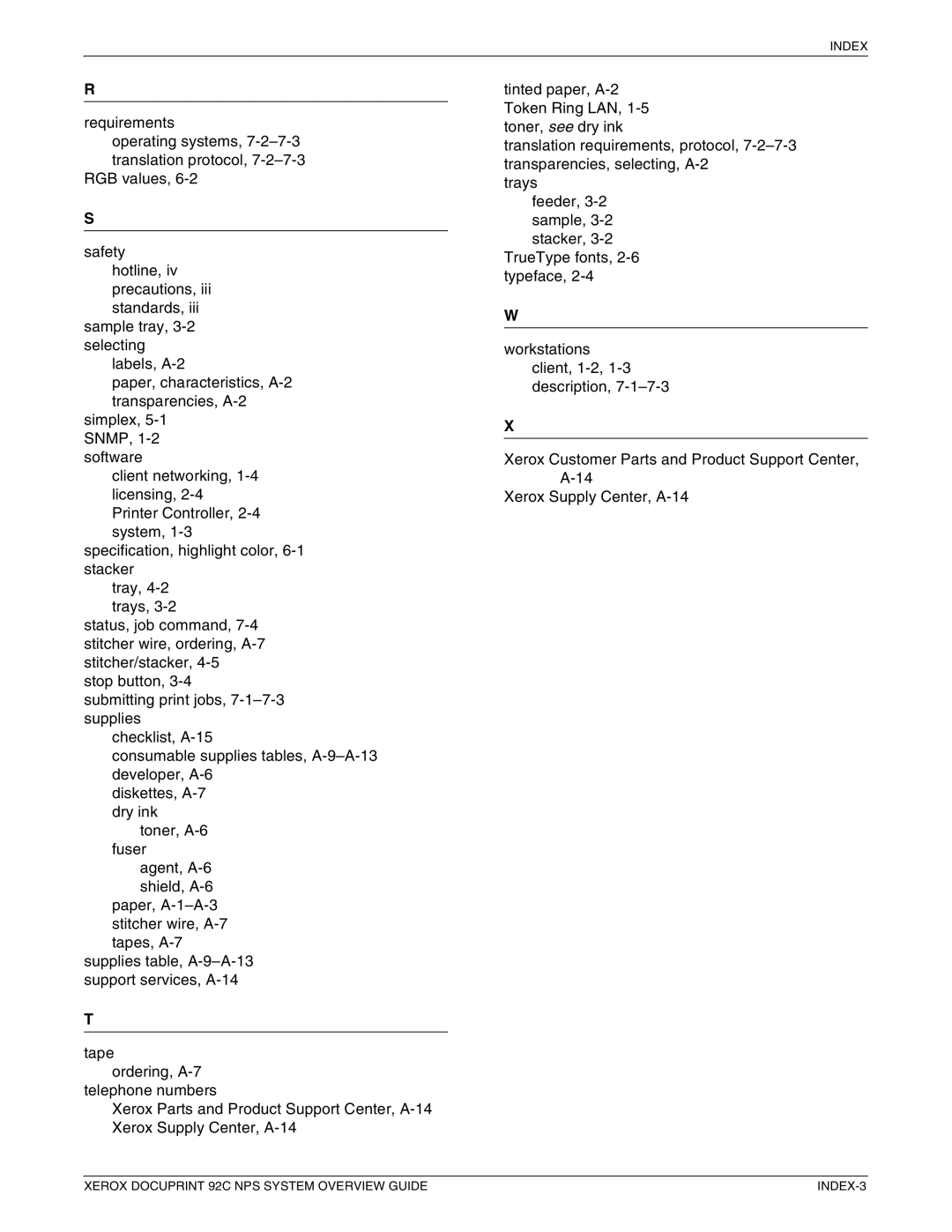 Xerox manual Xerox Docuprint 92C NPS System Overview Guide INDEX-3 