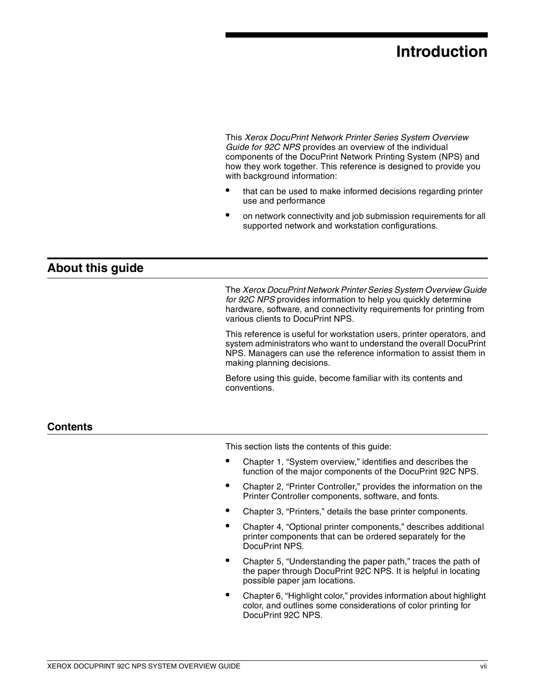 Xerox 92C NPS manual Introduction, About this guide, Contents 