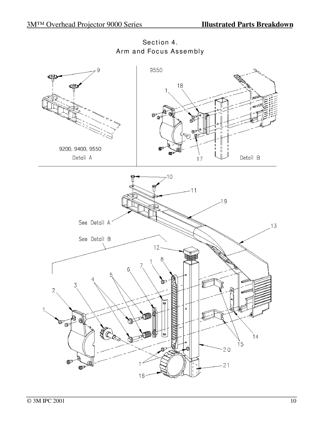 Xerox 9075, 9550, 9080, 9076, 9085, 9050, 9040, 9100, 9070, 9061, 9200, 9400, 9060 manual Section Arm and Focus Assembly 