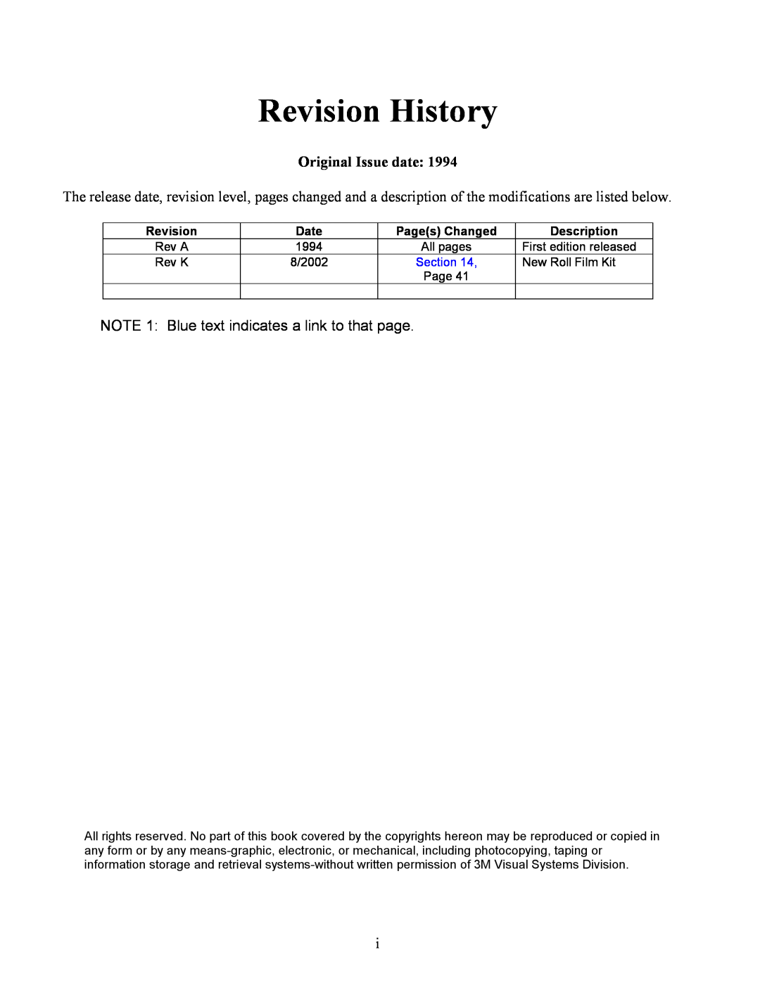 Xerox 9080 Revision History, Original Issue date, NOTE 1 Blue text indicates a link to that page, Date, Pages Changed 