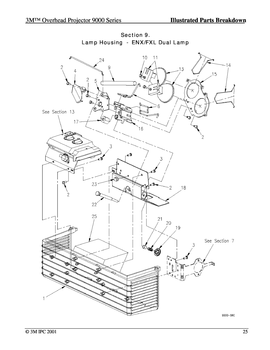 Xerox 9076, 9550 Section Lamp Housing - ENX/FXL Dual Lamp, 3M Overhead Projector 9000 Series, Illustrated Parts Breakdown 