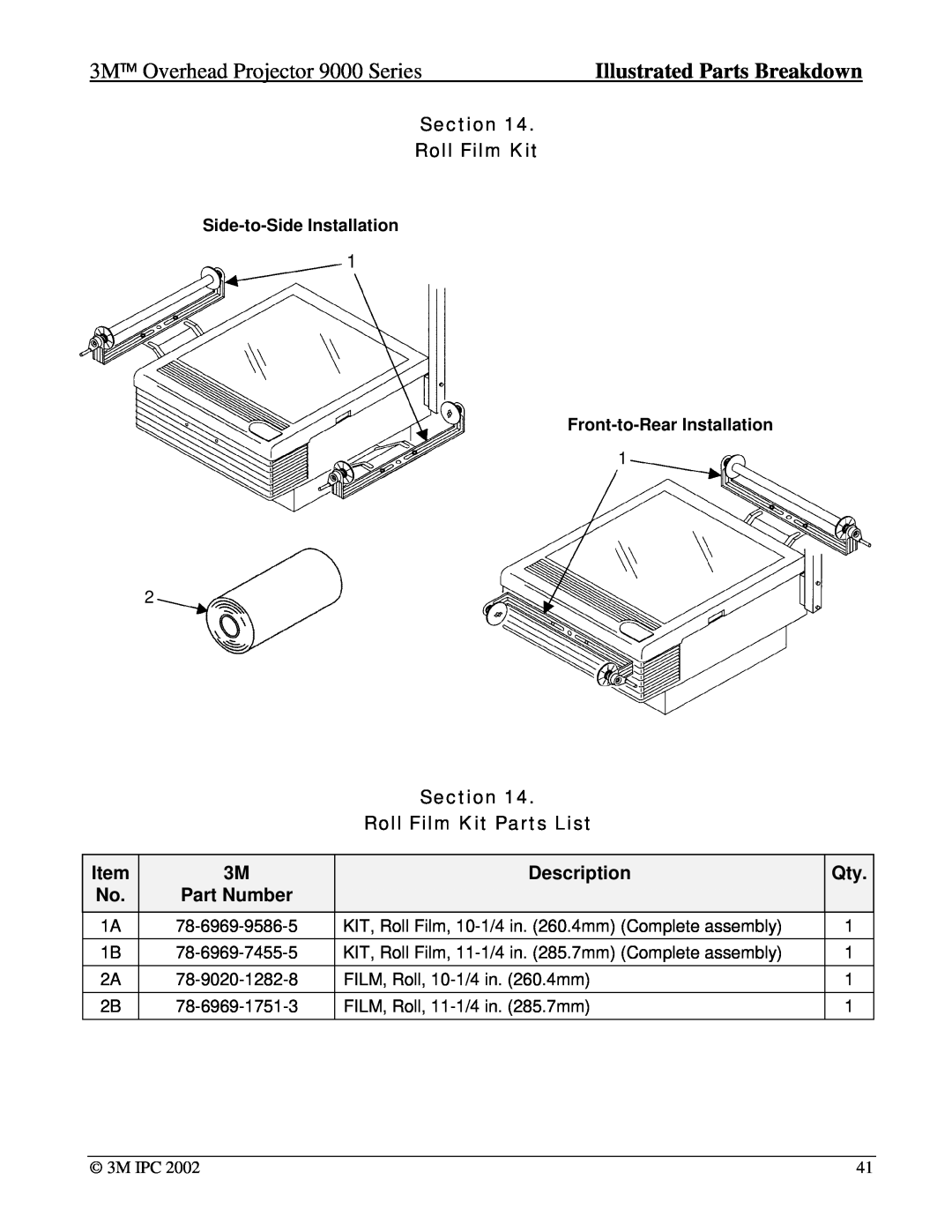 Xerox 9040, 9550, 9075 3M Overhead Projector 9000 Series, Section Roll Film Kit Parts List, Side-to-Side Installation 