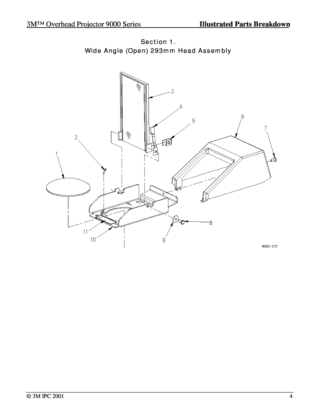 Xerox 9070 Section Wide Angle Open 293mm Head Assembly, 3M Overhead Projector 9000 Series, Illustrated Parts Breakdown 