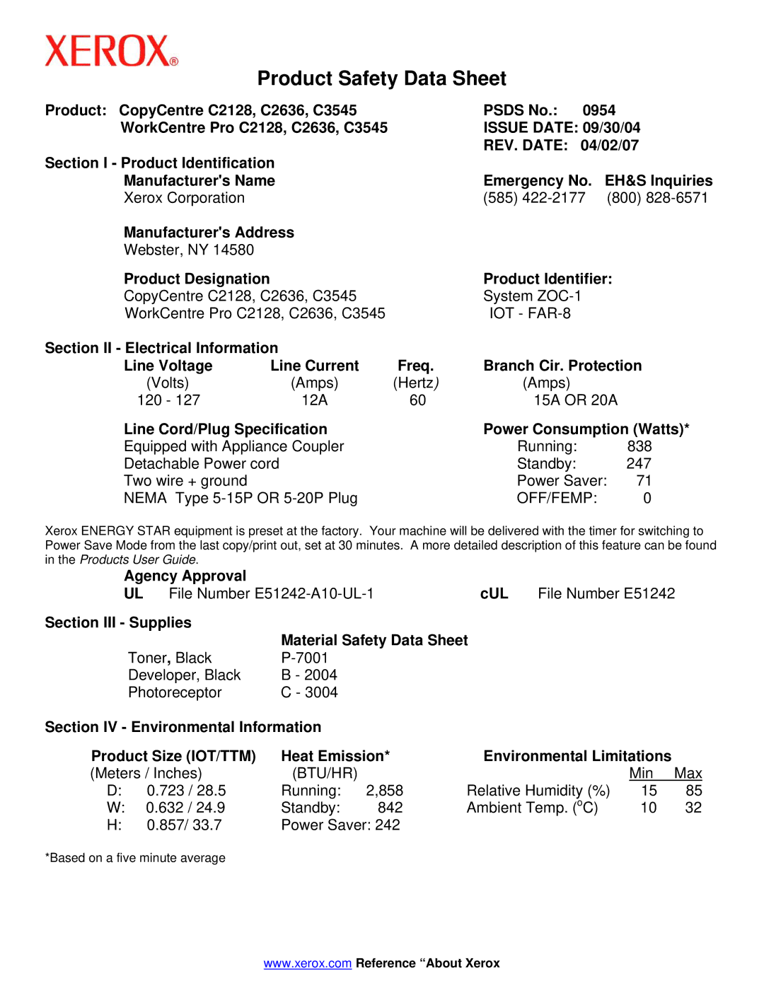 Xerox 958 manual Product Safety Data Sheet 