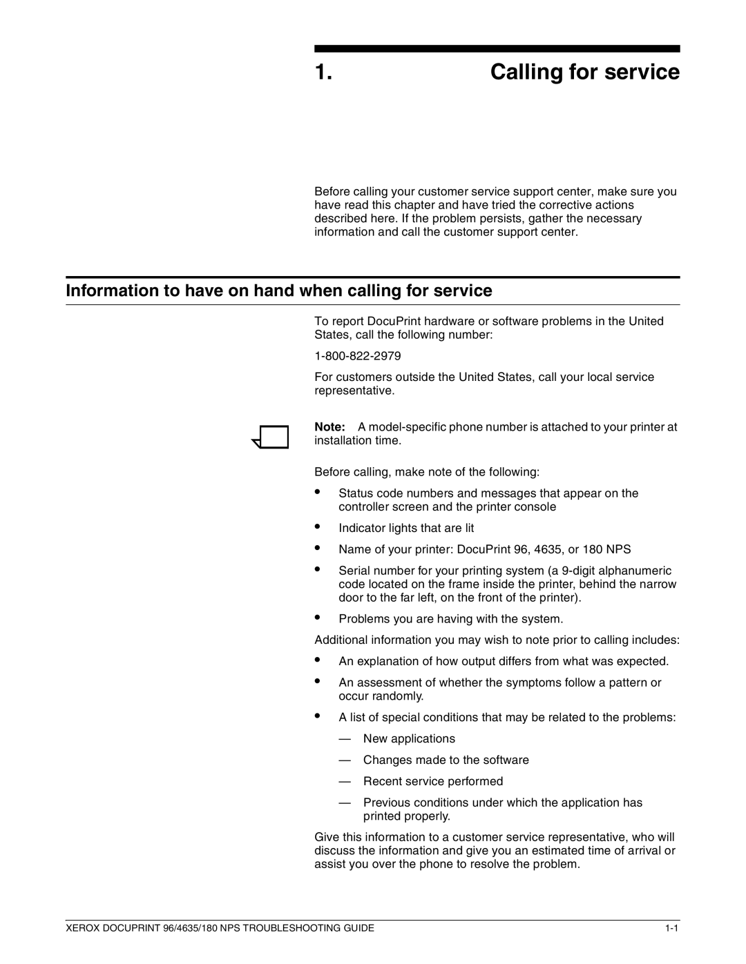 Xerox 96 NPS manual Calling for service, Information to have on hand when calling for service 