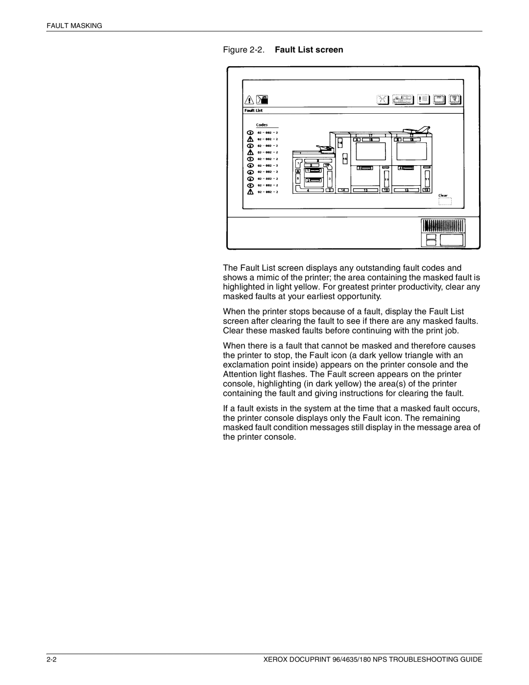 Xerox 96 NPS manual Fault List screen 