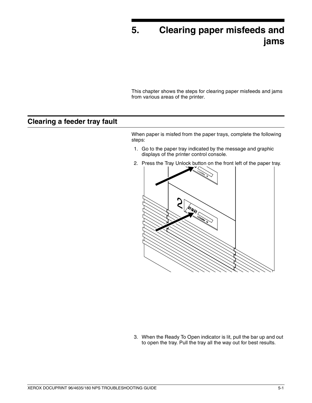 Xerox 96 NPS manual Clearing paper misfeeds and jams, Clearing a feeder tray fault 