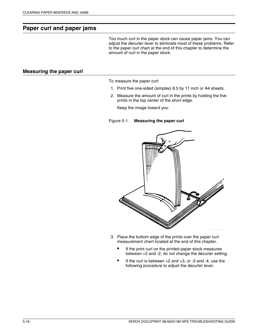 Xerox 96 NPS manual Paper curl and paper jams, Measuring the paper curl 