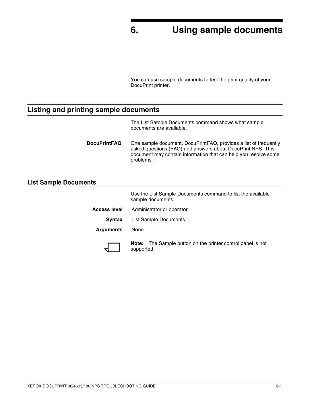 Xerox 96 NPS manual Using sample documents, Listing and printing sample documents, List Sample Documents, Arguments None 