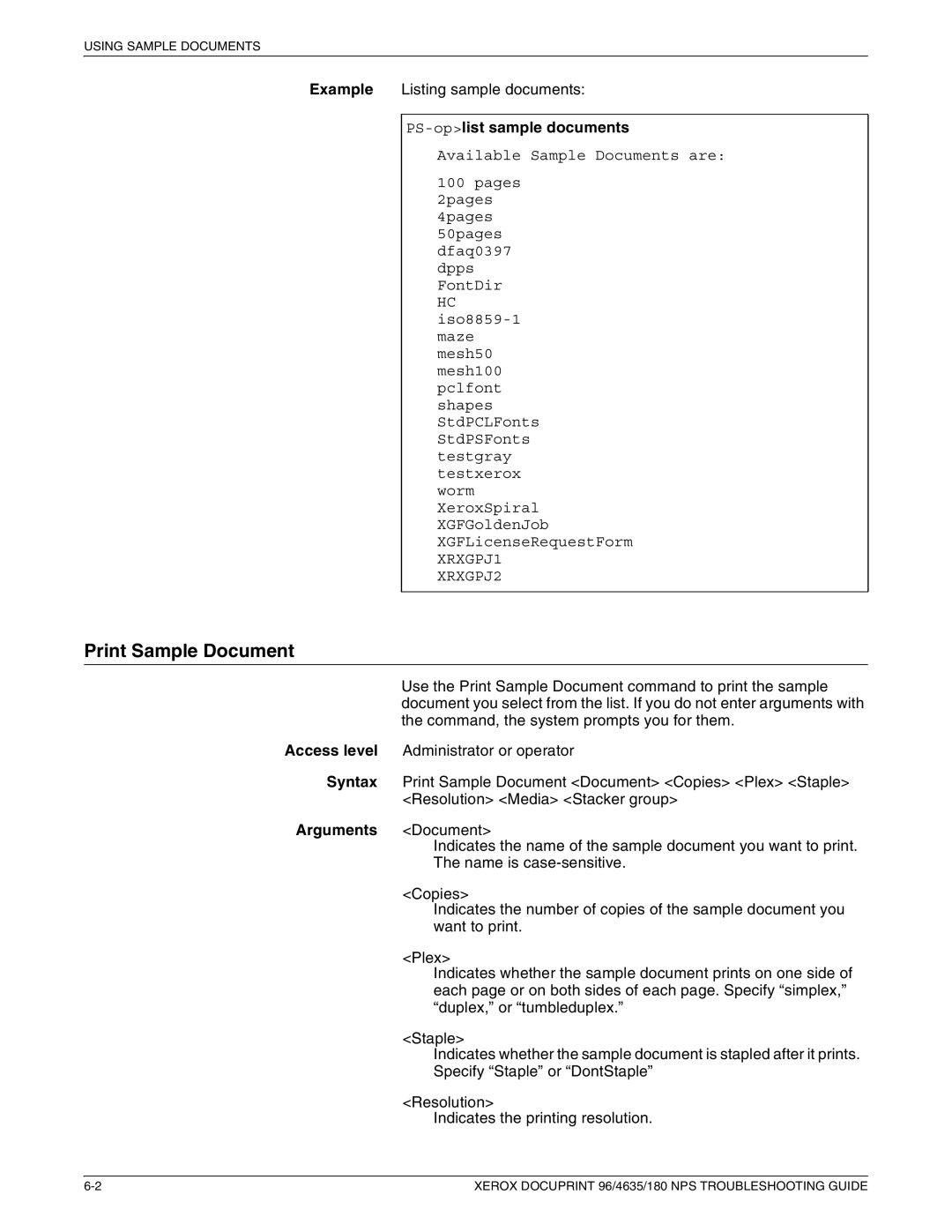 Xerox 96 NPS manual Print Sample Document, PS-oplist sample documents, Arguments Document 