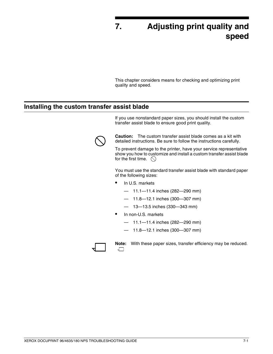 Xerox 96 NPS manual Adjusting print quality and speed, Installing the custom transfer assist blade 