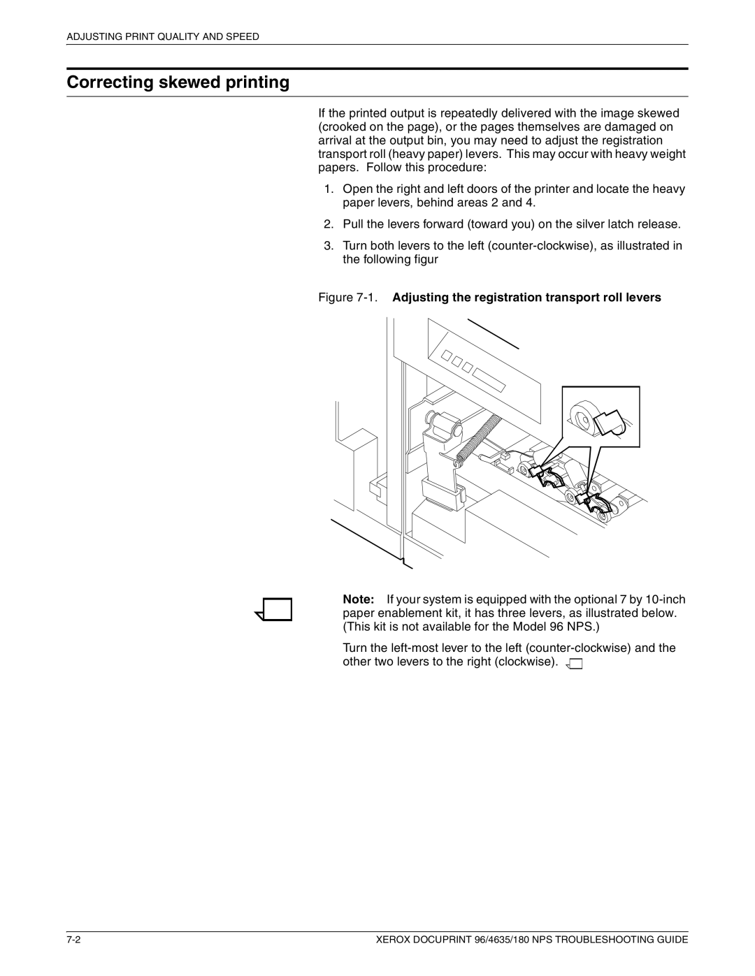 Xerox 96 NPS manual Correcting skewed printing, Adjusting the registration transport roll levers 