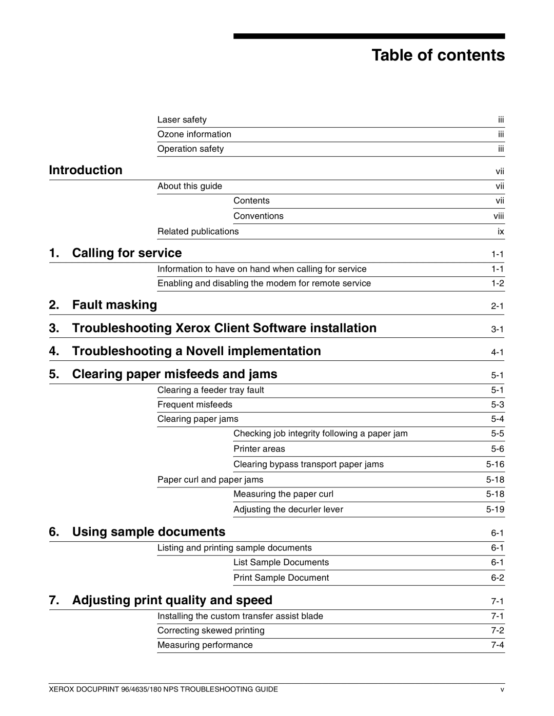 Xerox 96 NPS manual Table of contents 