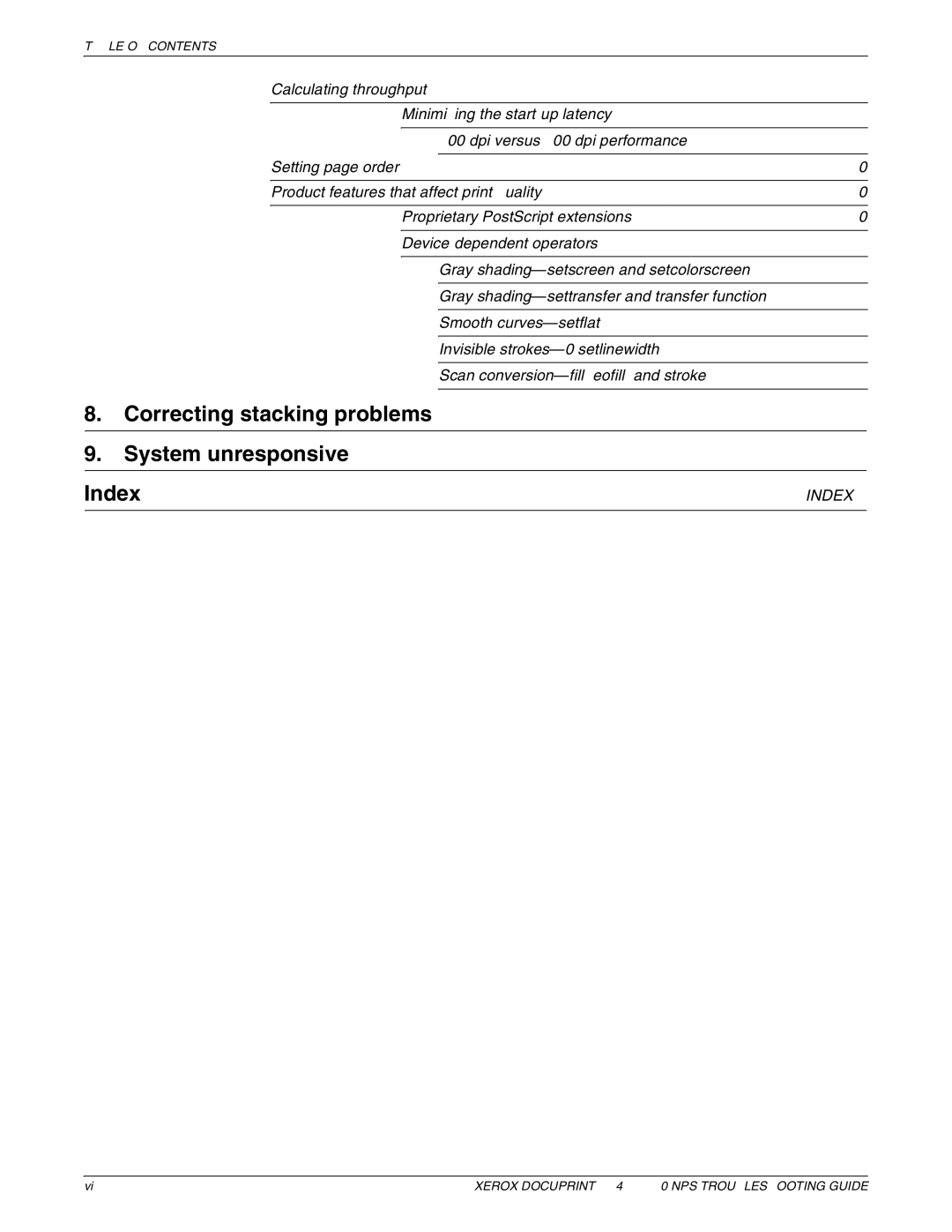 Xerox 96 NPS manual Correcting stacking problems System unresponsive Index 