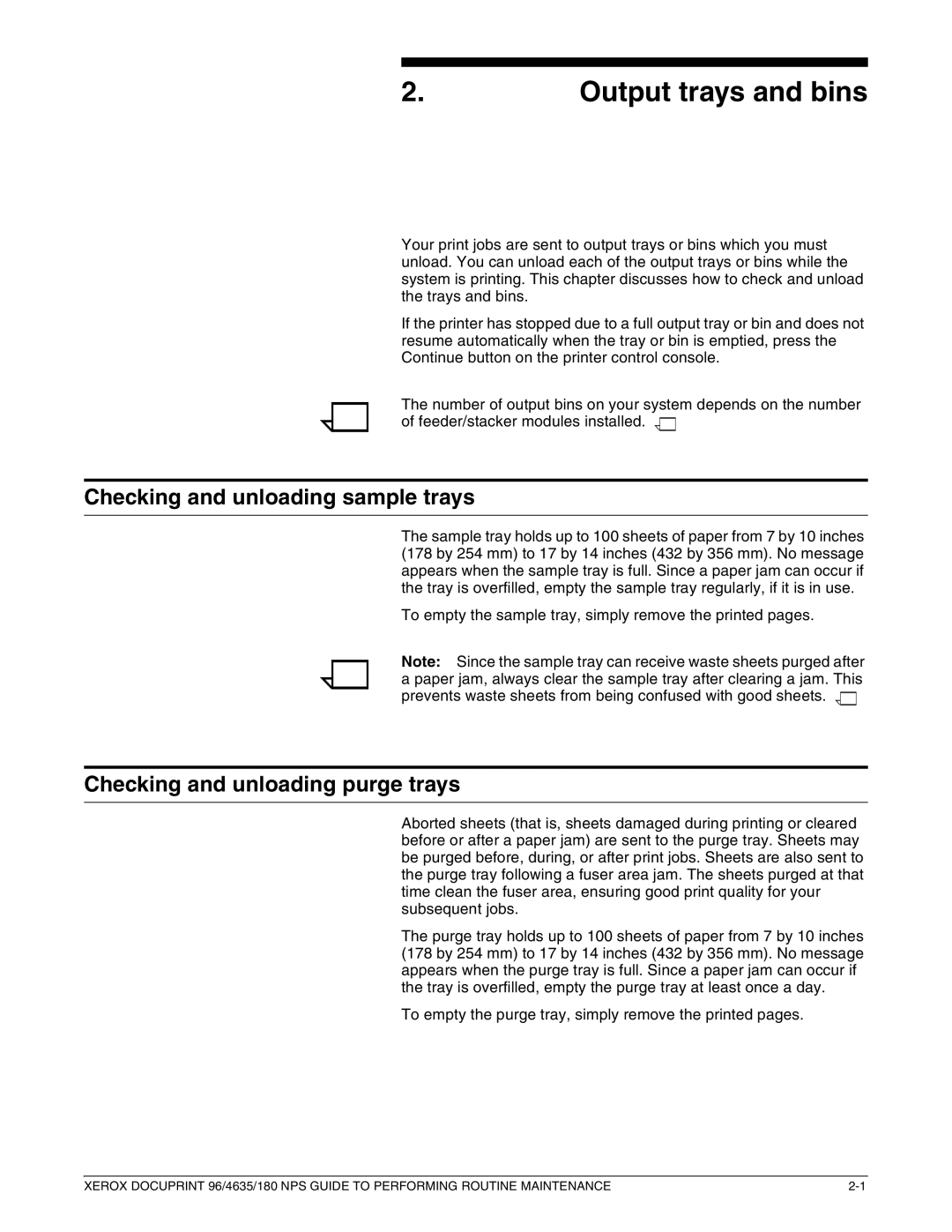 Xerox 96 manual Output trays and bins, Checking and unloading sample trays, Checking and unloading purge trays 