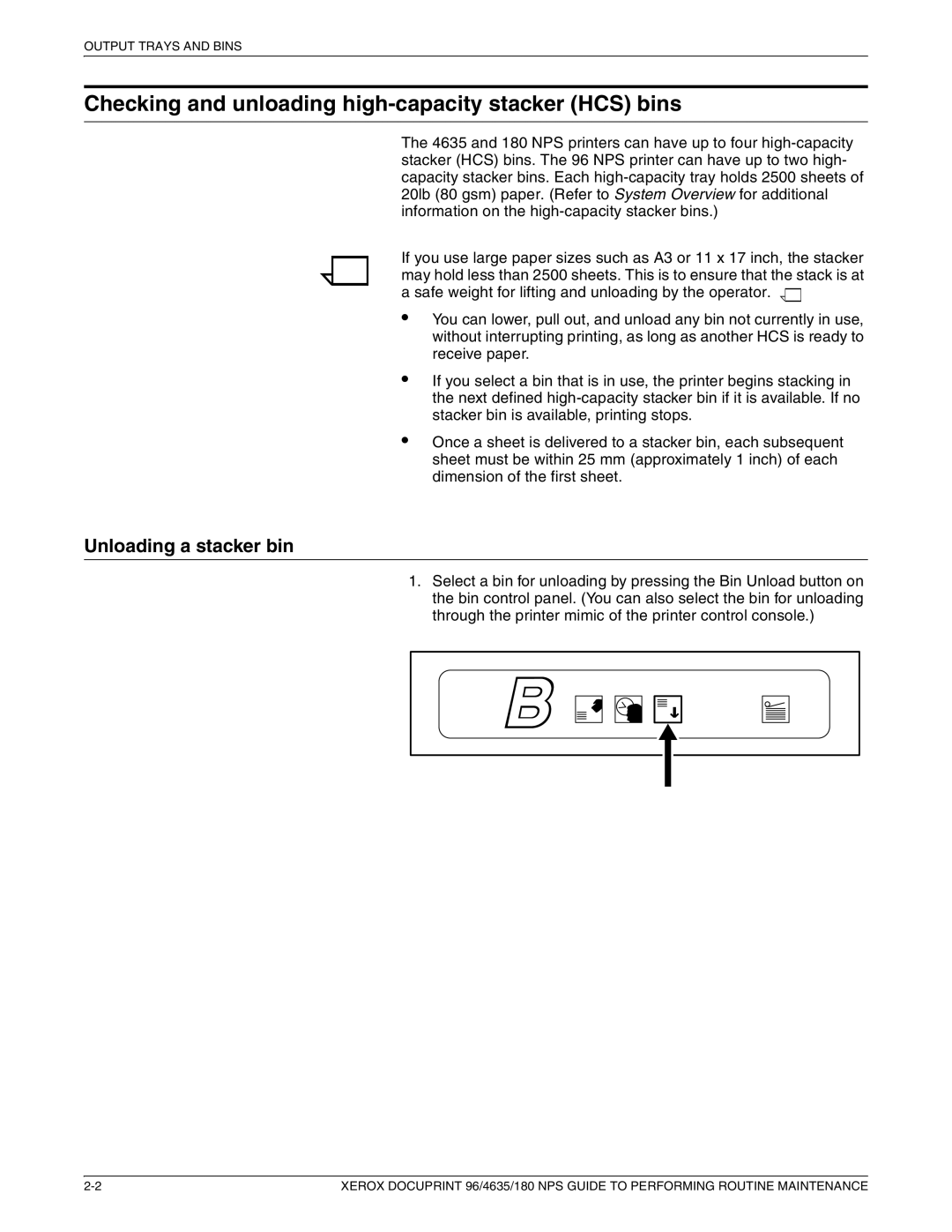 Xerox 96 manual Checking and unloading high-capacity stacker HCS bins, Unloading a stacker bin 