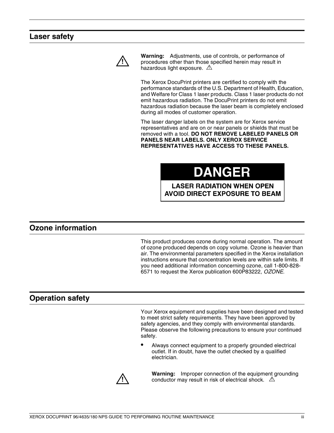 Xerox 96 manual Laser safety, Ozone information, Operation safety 