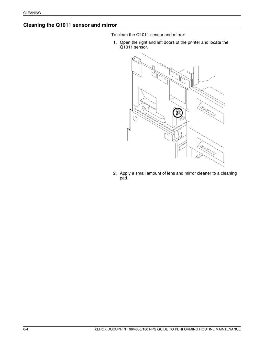 Xerox 96 manual Cleaning the Q1011 sensor and mirror 